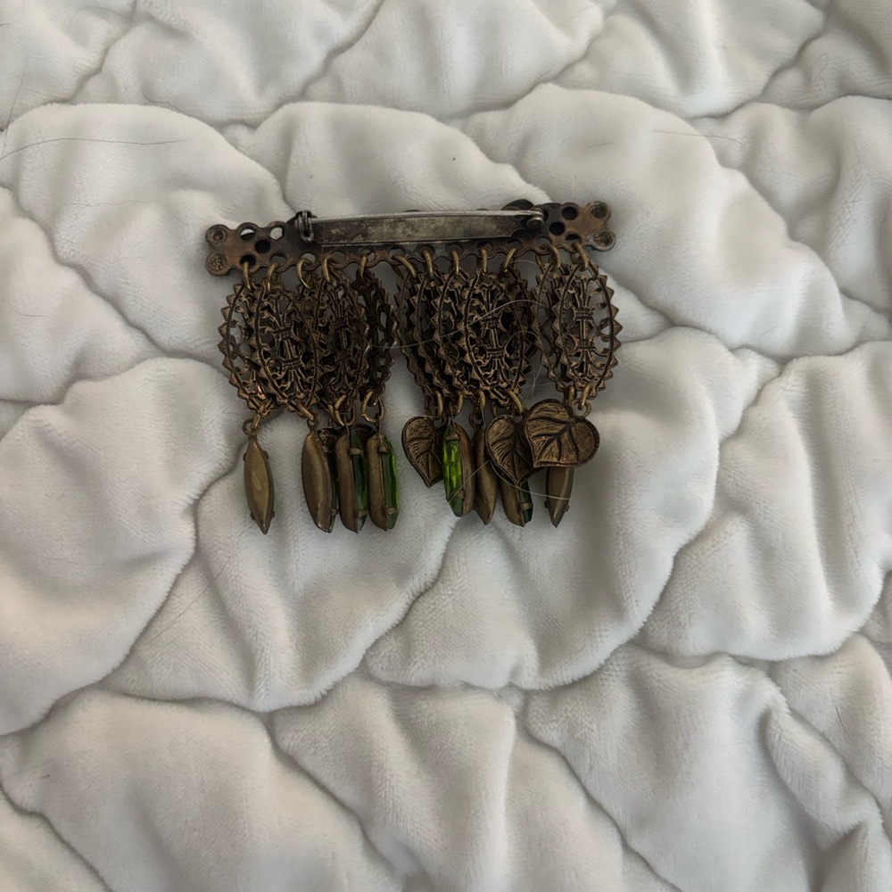 Vintage Uranium Bronze and Green Dangle Brooch